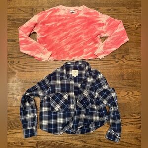 TNA Cropped Pink Tie-Dye Waffle Thermal + LA Hearts Blue Plaid Shirt | Small Lot